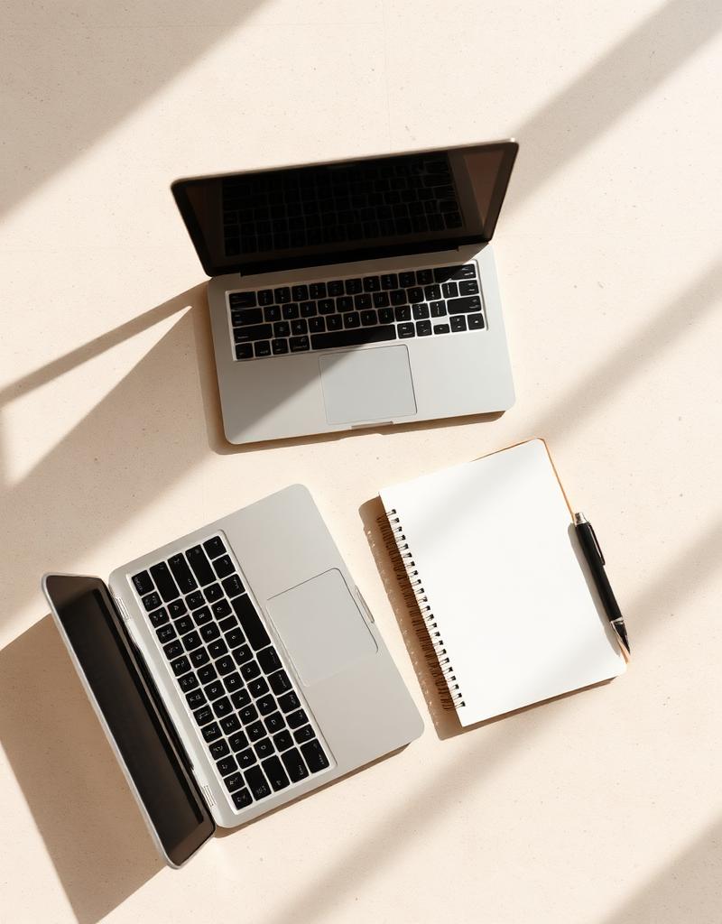 Minimalist desk with laptop and notebook used during essay coaching sessions